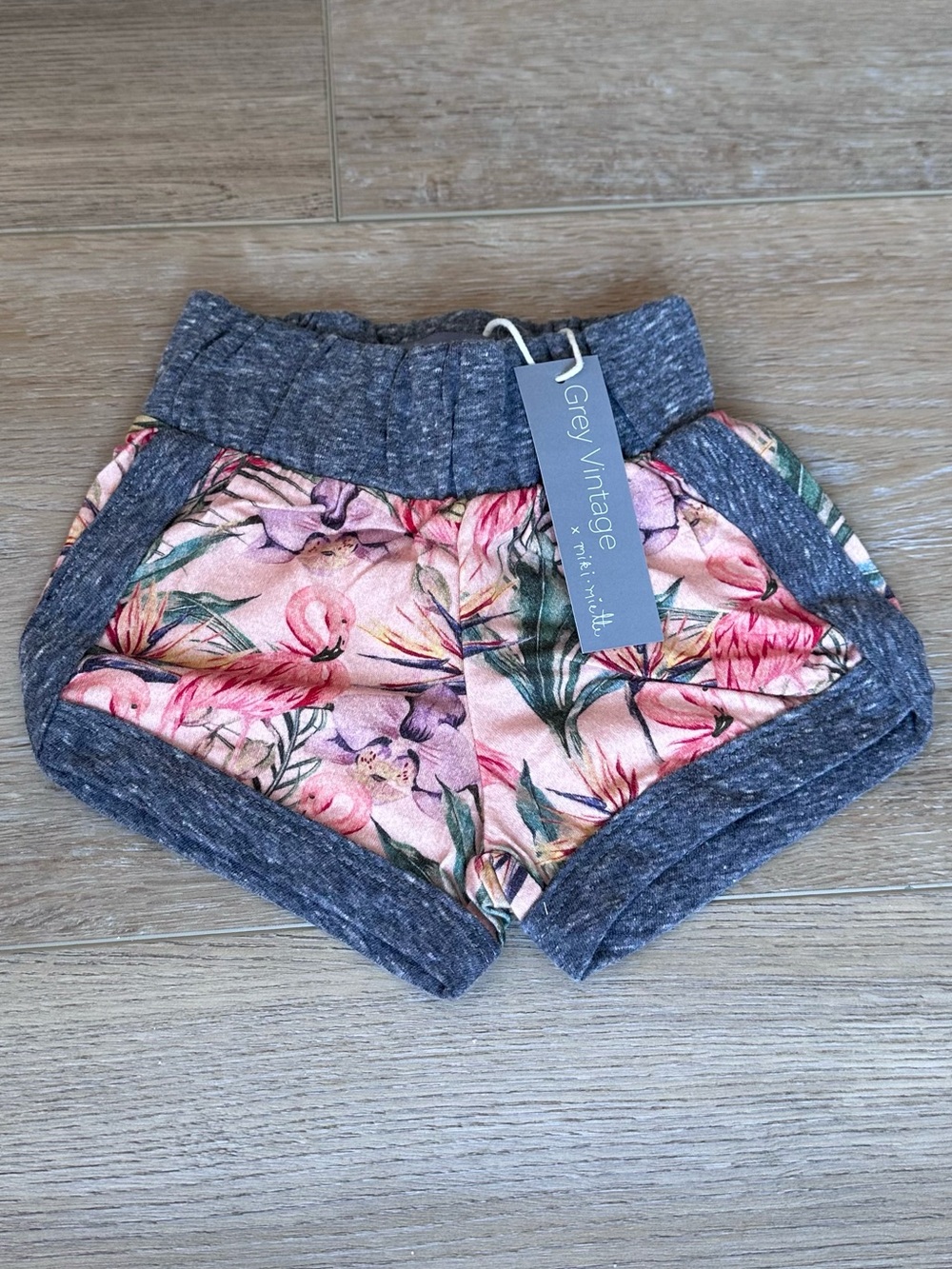 Grey Vintage Miki Miette Kids Pink Flamingo Shorts with Heather Gray Trim
